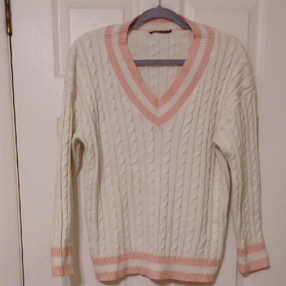 Jollycode Sz L, Creamy White,  and Pink, Cable Knit V-Neck Sweater. NWOT